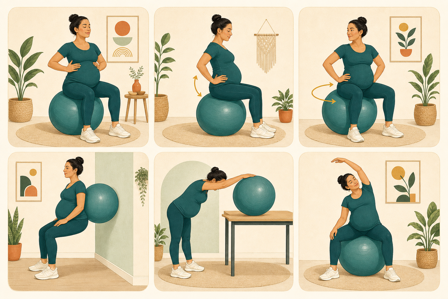 Ilustraciones de seis ejercicios suaves con fitball durante el embarazo